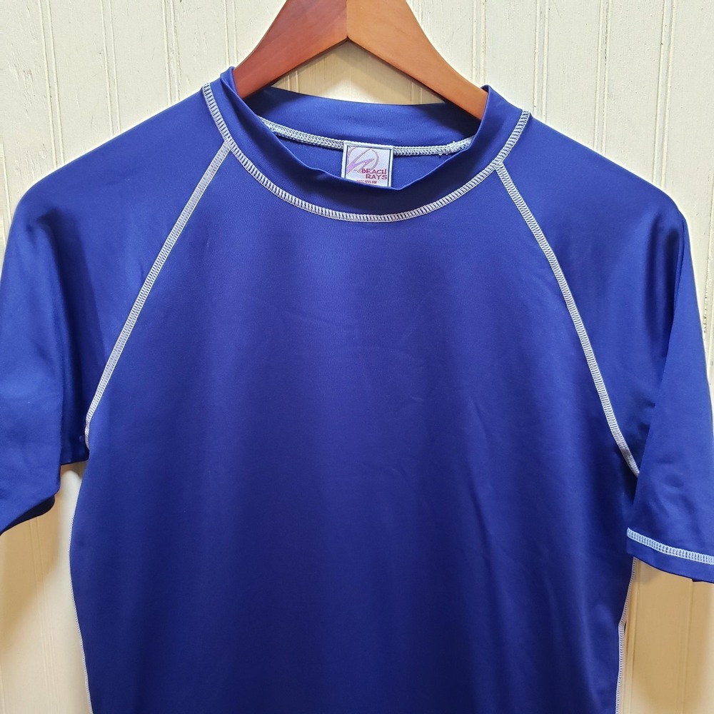 Beach Rays Rash Guard Mens Medium Blue Short Sleeve Swim Shirt Quick Dry Surf